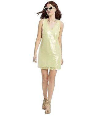 A New Day A Line Fully Sequined Hem Yellow Sleeveless V Neck Dress Size XXL